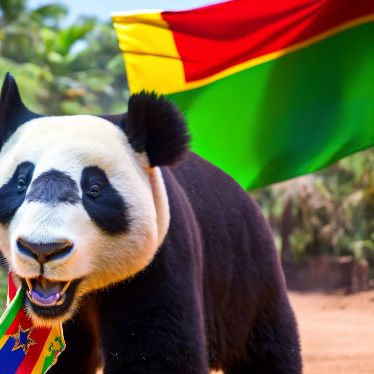 Giant panda close-up with colorful flag background