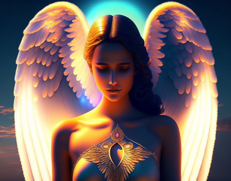 Digital Art: Serene Woman with Glowing Wings in Twilight Sky