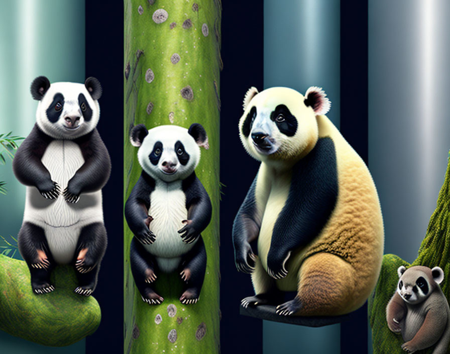 Four Bear Types in Stylized Forest with Bamboo