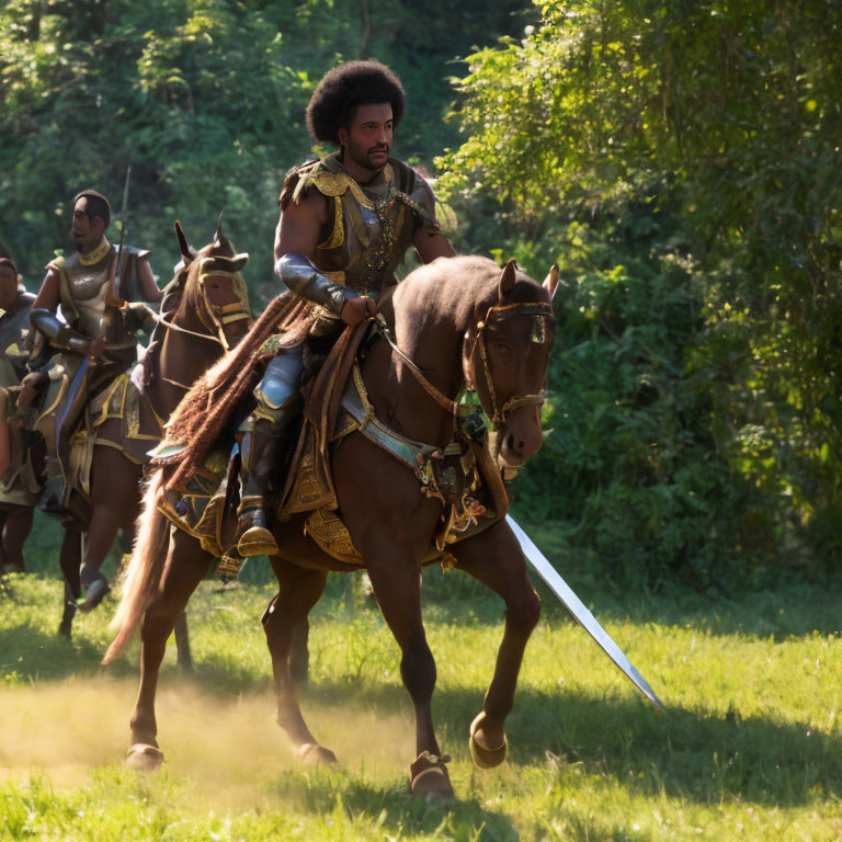 Historical armored horsemen with drawn sword riding in grassy field