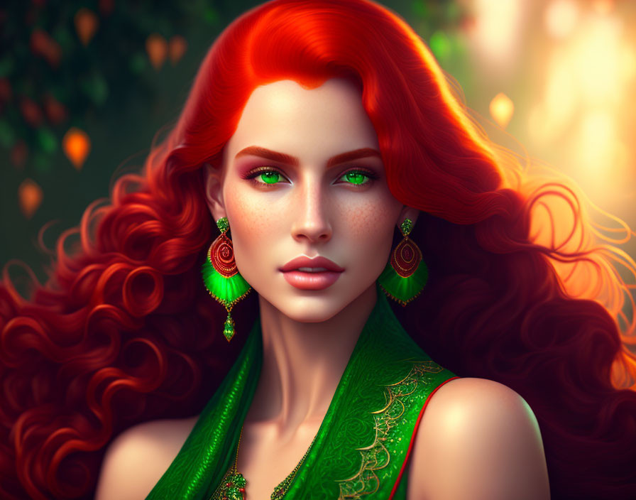 Woman with Red Hair and Green Eyes in Coordinated Outfit and Earrings, Warm Blurred Lights