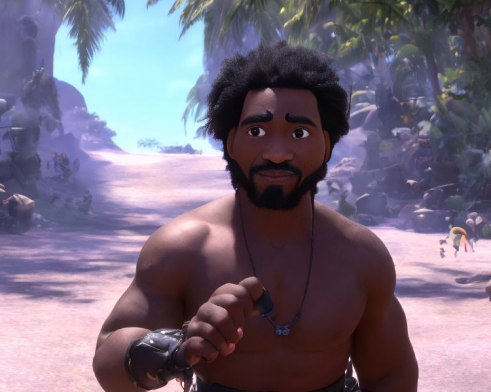 Male 3D Animated Character with Afro Hair in Tropical Setting