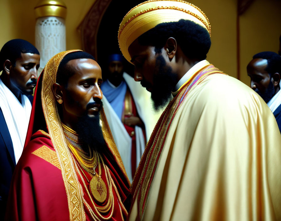 Traditional Ethiopian Attire: Men Facing Each Other in Richly Decorated Interior