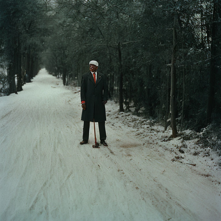 Distinguished person in long coat and hat on snow-covered path