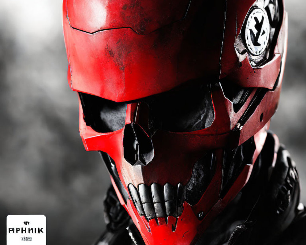 Person wearing red and black skull design helmet with emblem.