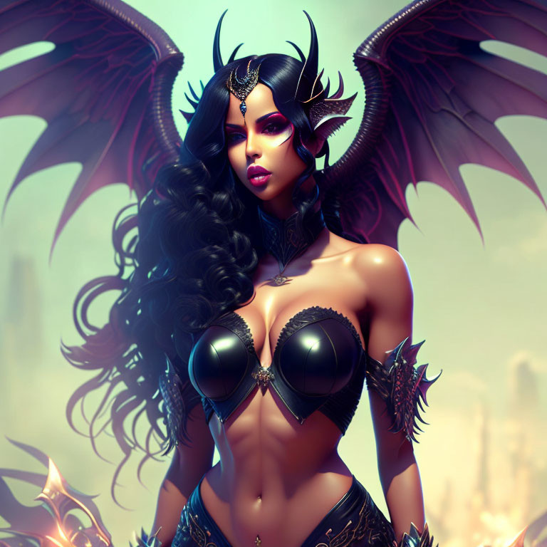 Fantasy female demon with black horns, wings, and armor in cityscape setting