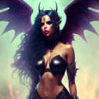 Fantasy female demon with black horns, wings, and armor in cityscape setting