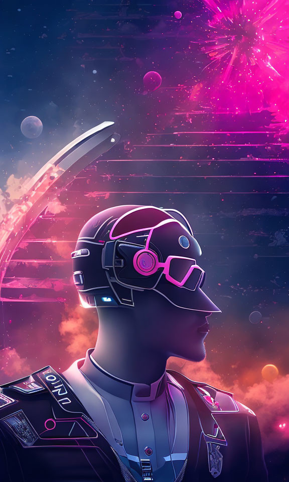 Neon-lit profile with futuristic glasses and helmet in cosmic backdrop