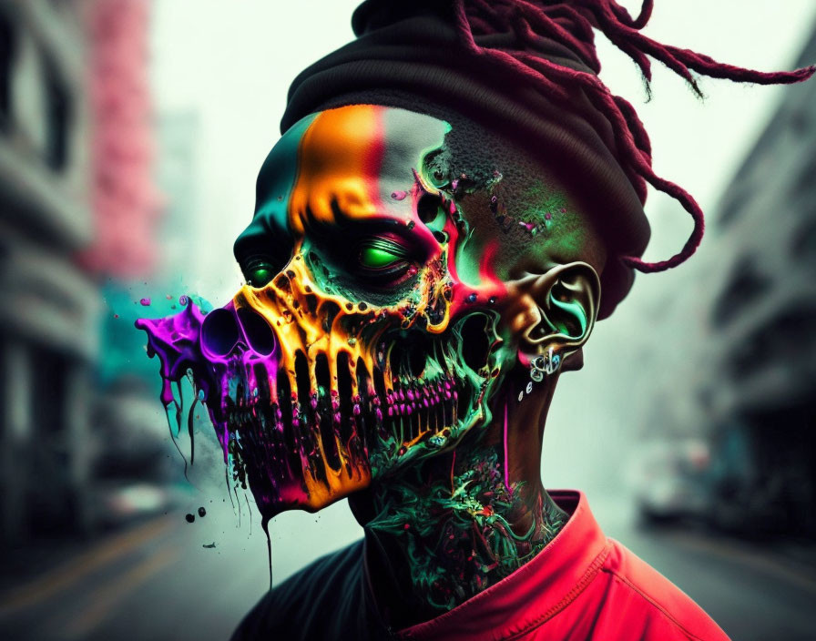 Digitally altered image: Colorful skull on person's face melting against urban backdrop