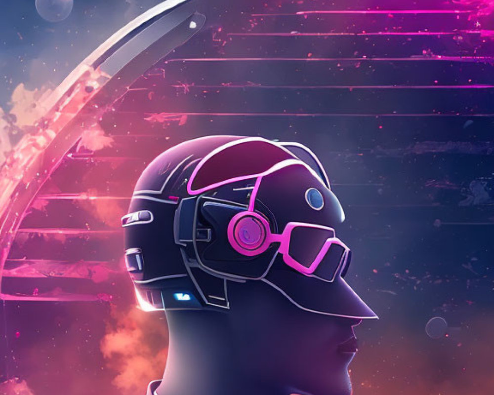 Neon-lit profile with futuristic glasses and helmet in cosmic backdrop