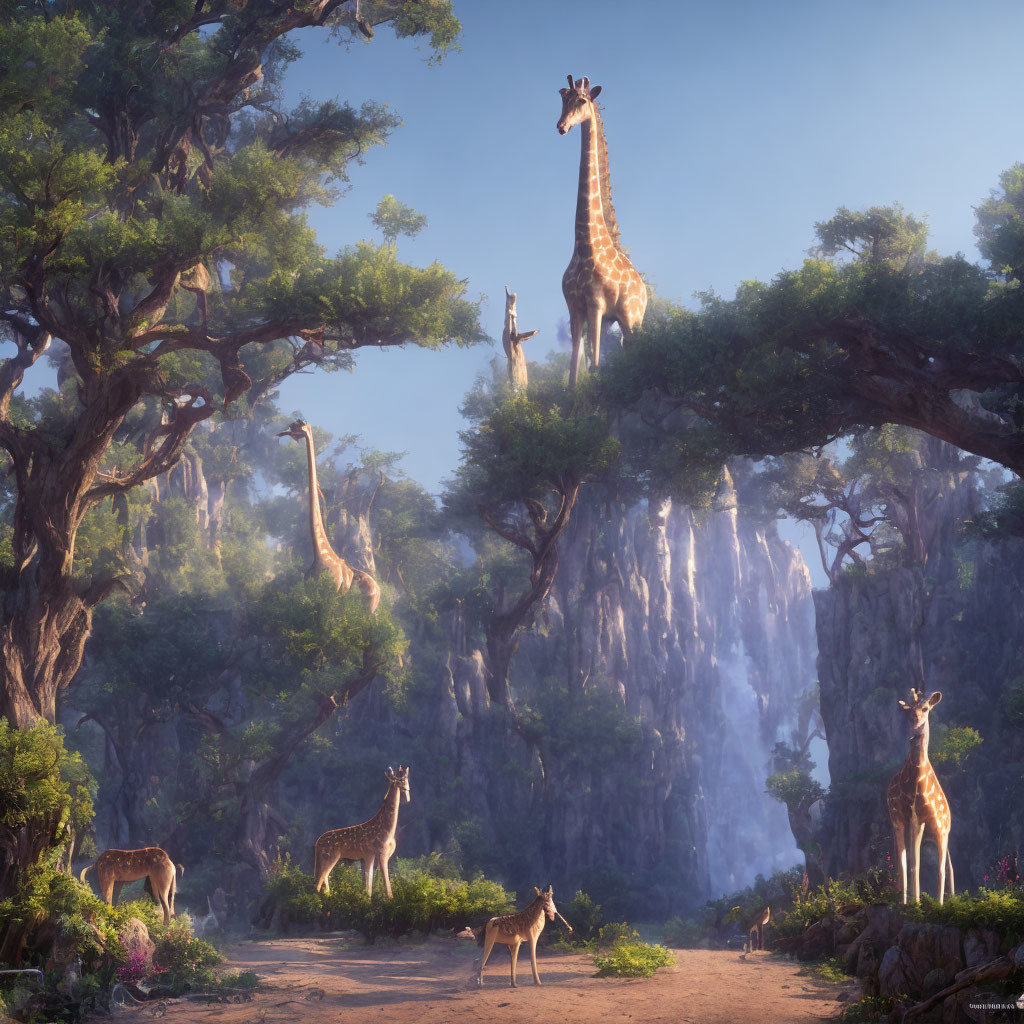 Tranquil landscape: giraffes, tall trees, waterfall, warm sunlight