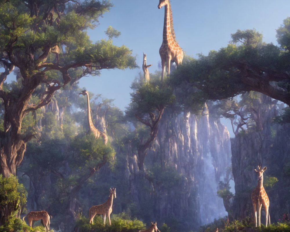 Tranquil landscape: giraffes, tall trees, waterfall, warm sunlight