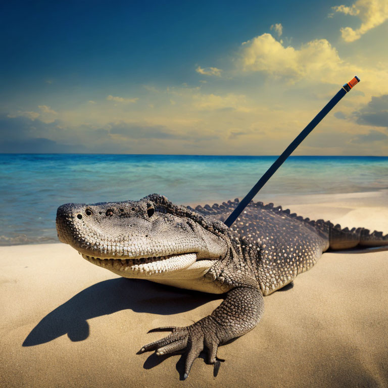 Large alligator with arrow on back on sandy beach by ocean & blue sky