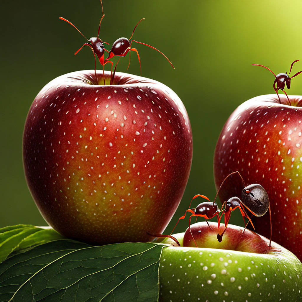 Dew-covered red apples with crawling ants on leaf