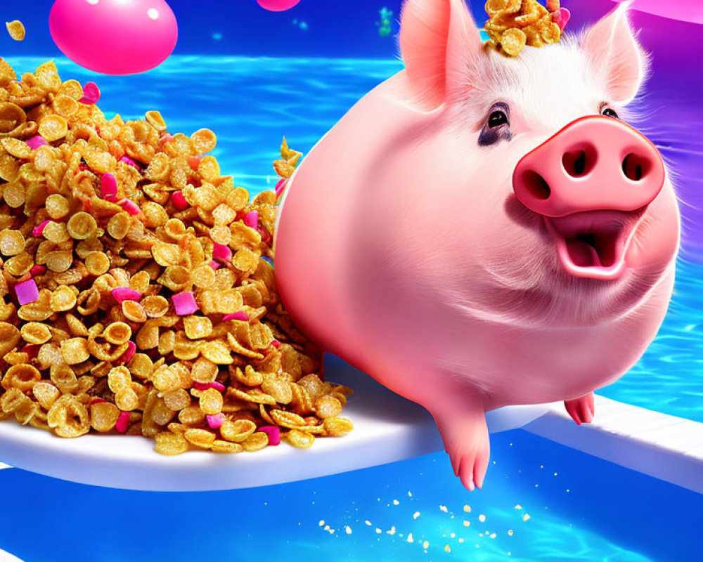 Pink Pig with Cereal Pile and Bubbles on Blue Background