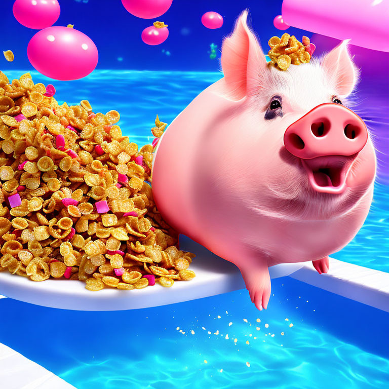 Pink Pig with Cereal Pile and Bubbles on Blue Background