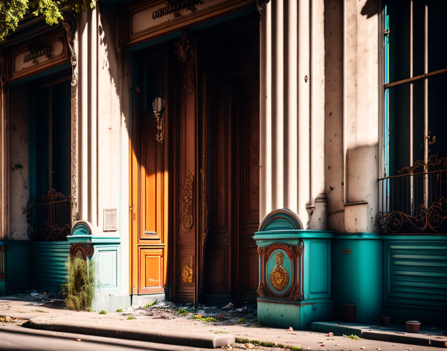 Ornate wooden doors and turquoise facade in sunlight and shadows