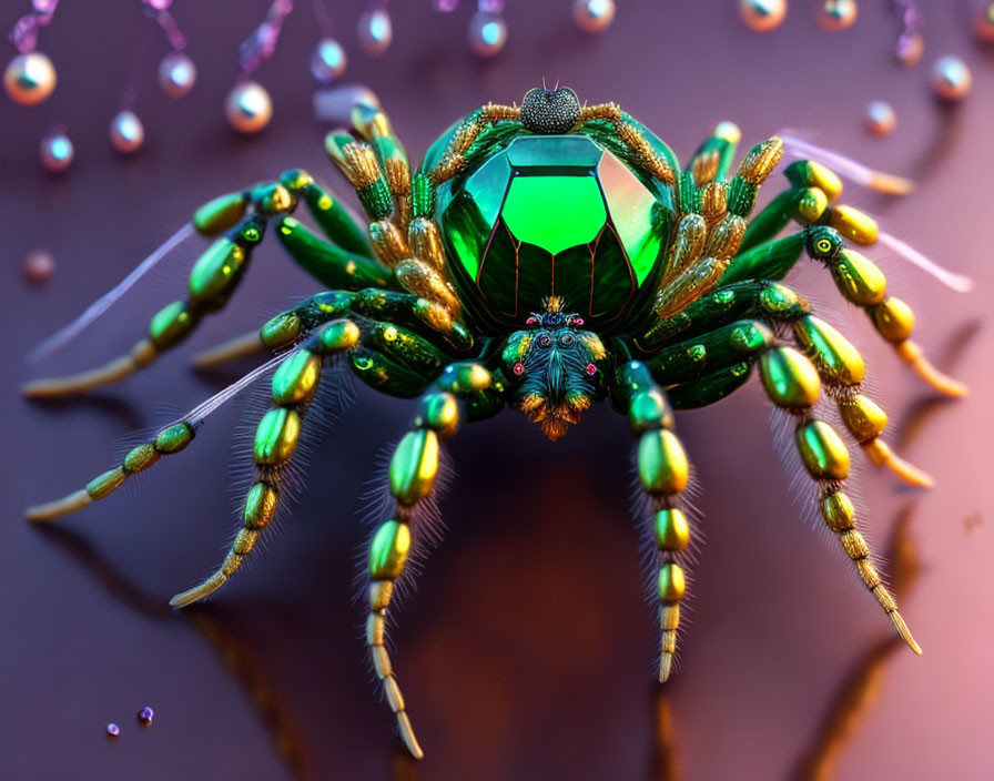 Colorful Spider Artwork with Green Abdomen and Purple Background