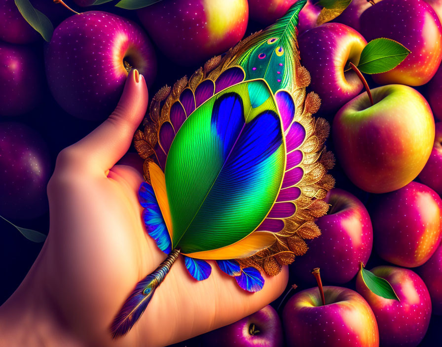 Vibrant peacock feather held over shiny red apples