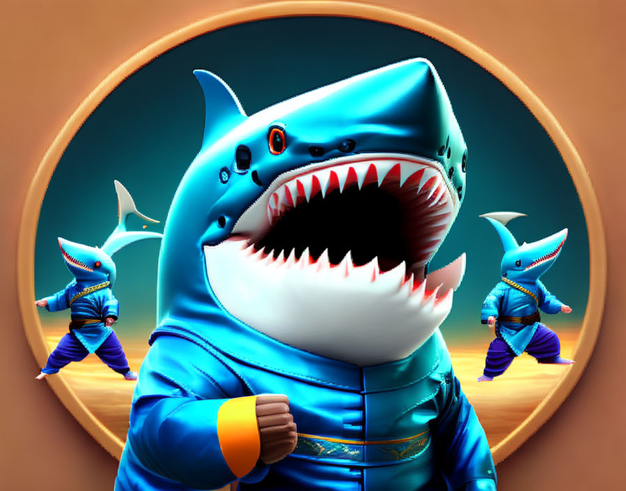 Three Sharks in Blue Astronaut Suits: One Giving Thumbs-Up, Two Dancing in Background