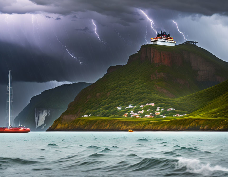 Stormy Seascape with Sailboat, Lightning, Cliff, and Waterfall