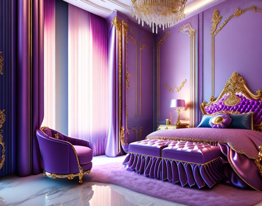 Luxurious Bedroom with Purple and Gold Decor and Elegant Furnishings