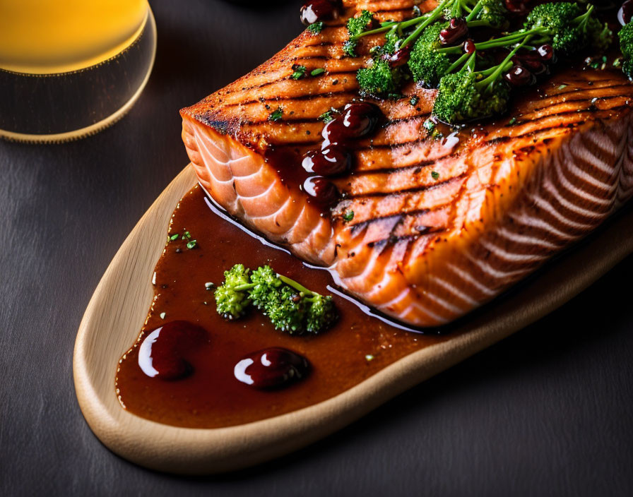 Grilled Salmon Fillet with Glaze and Broccoli on Wooden Plate