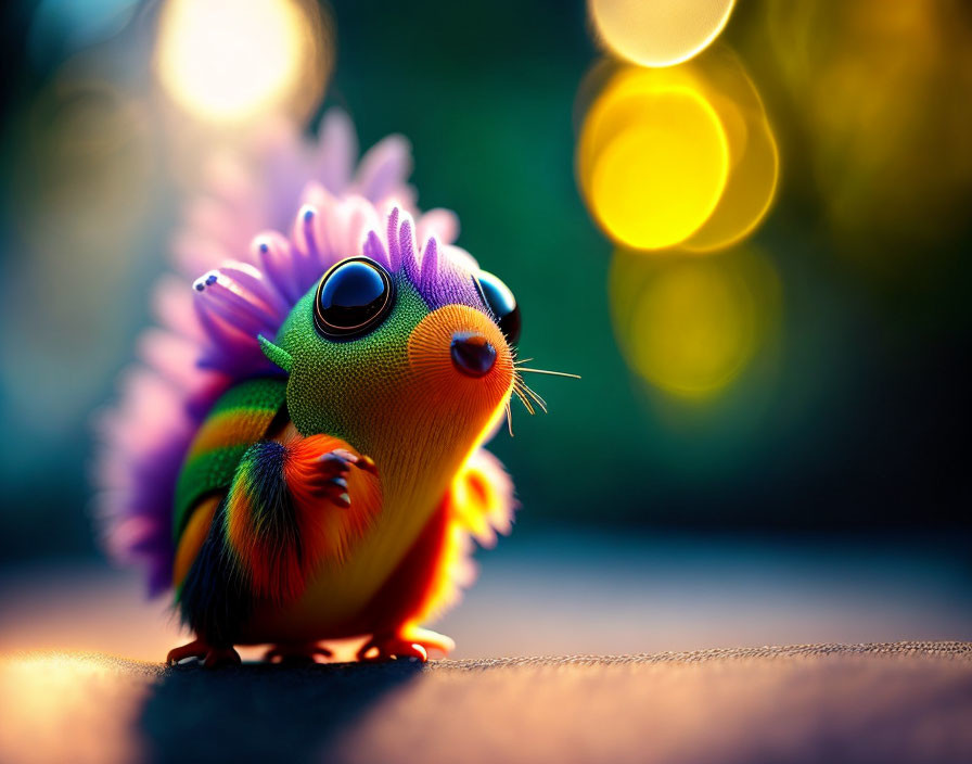 Colorful whimsical creature with large eyes and spiky purple back against bokeh light background