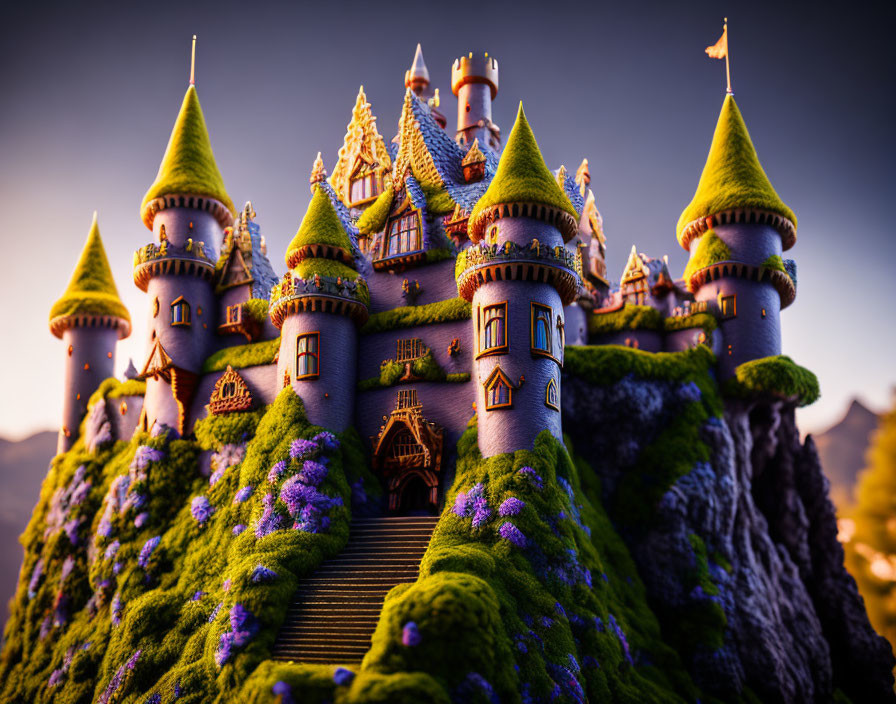 Fairy-tale castle with spires and towers on green hill at dusk