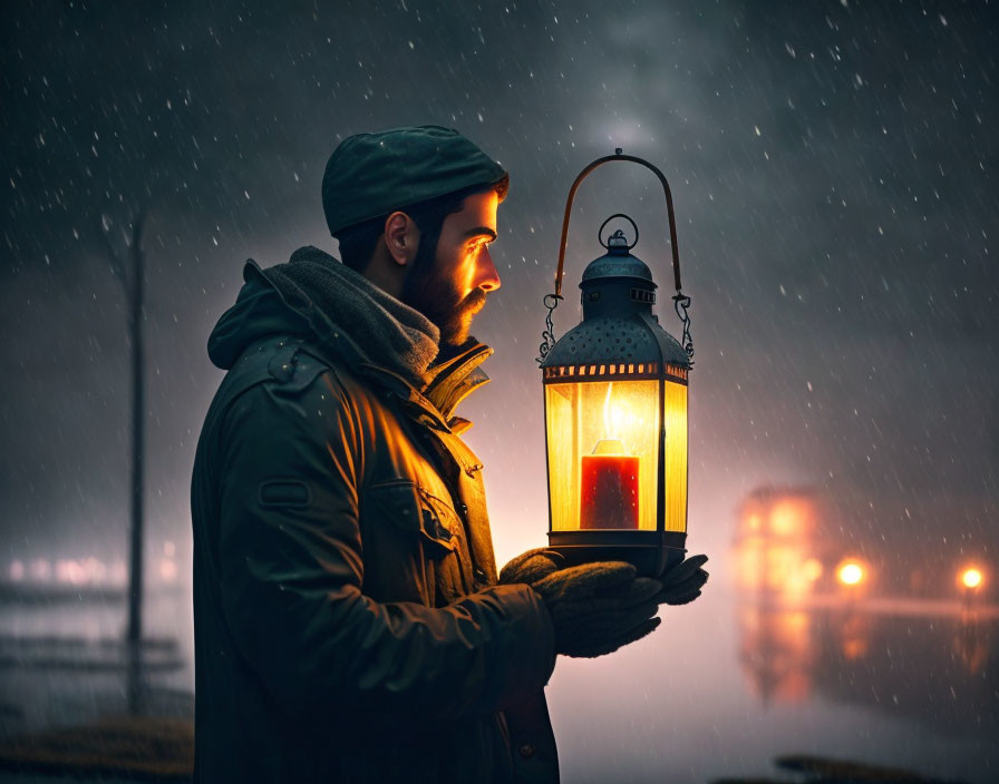 Man in Green Jacket Holding Lantern on Snowy Night