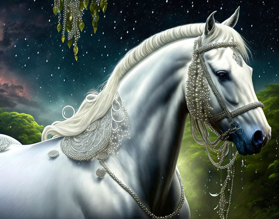 White Horse with Pearl Bridle and Pearl-Adorned Mane on Starry Sky Background