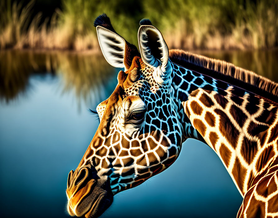 Serenely expressive giraffe head with unique fur patterns on blurred nature backdrop