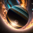 Large planets, rings, star, and nebula in space landscape.