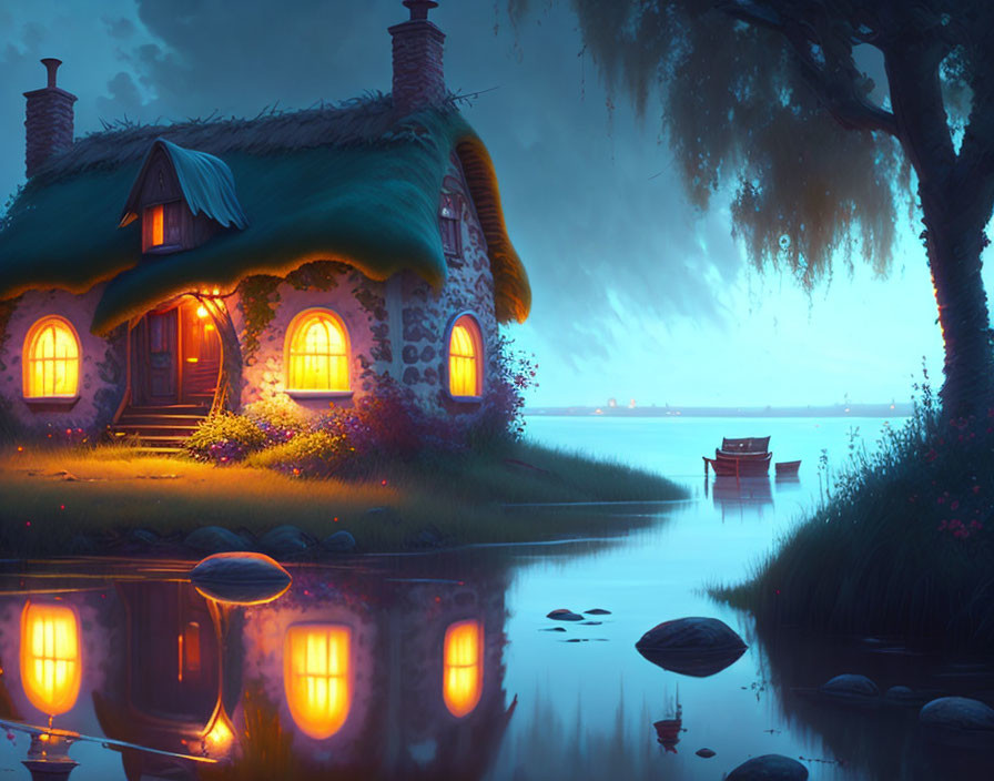 Thatched Roof Cottage by Lake with City Lights Reflection