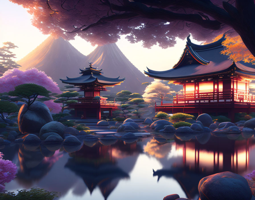 Traditional Japanese building near pond with Mount Fuji at dusk