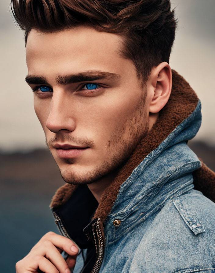 Man with piercing blue eyes in denim jacket against natural backdrop