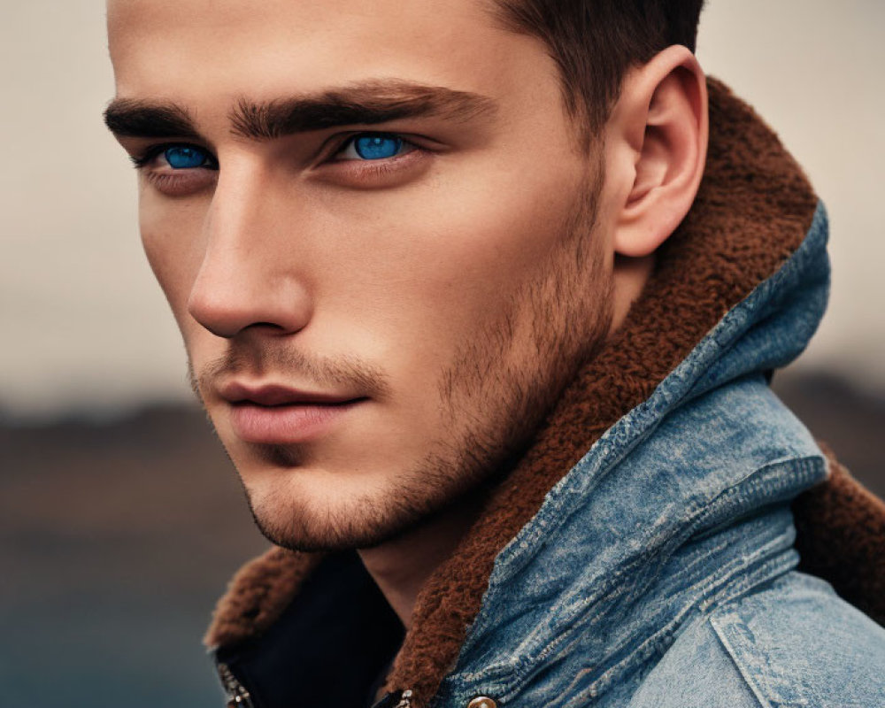 Man with piercing blue eyes in denim jacket against natural backdrop