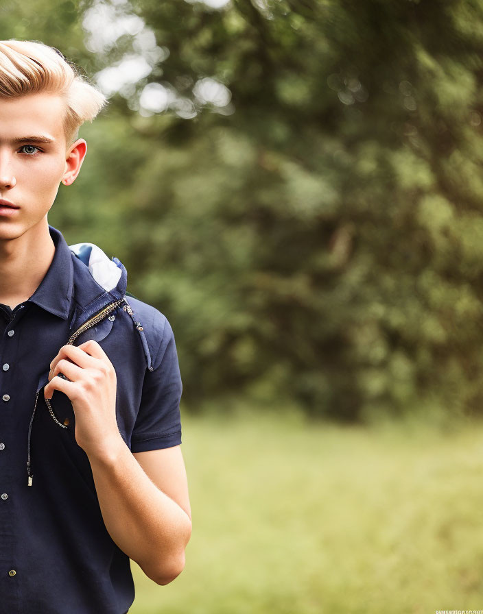 Blonde hair and blue eyes person in dark polo shirt on green background