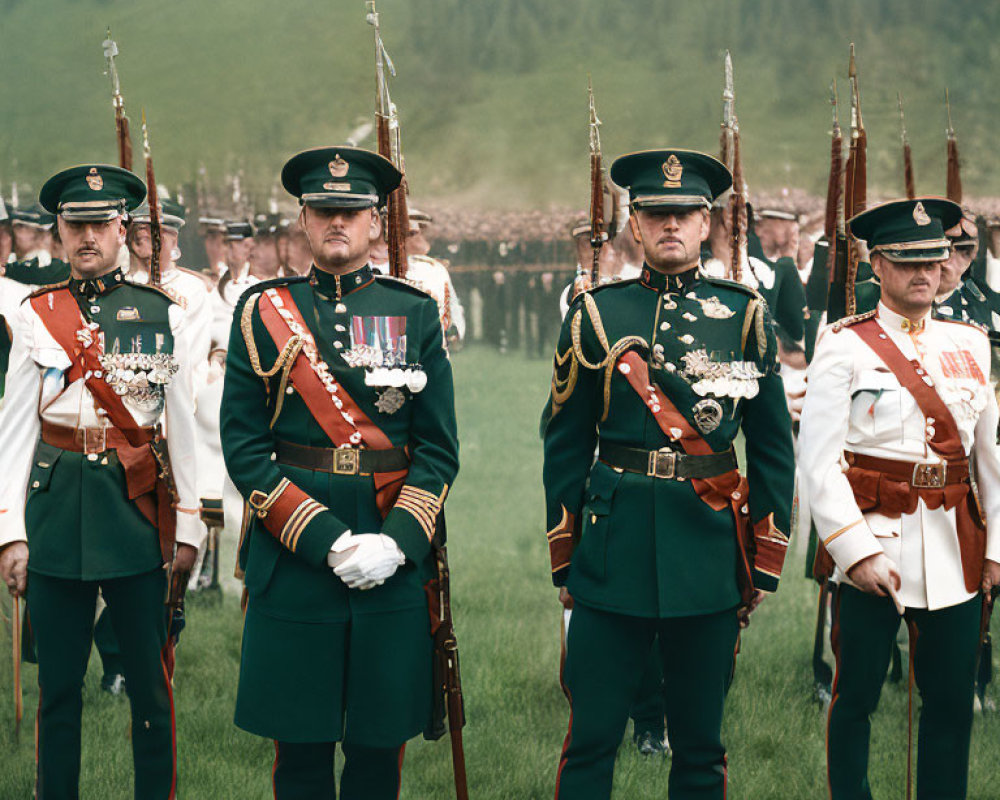 Military personnel in formation with rifles and flags in lush green hills