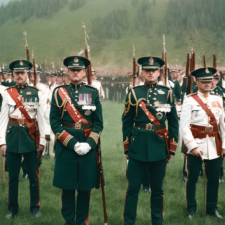 Military personnel in formation with rifles and flags in lush green hills