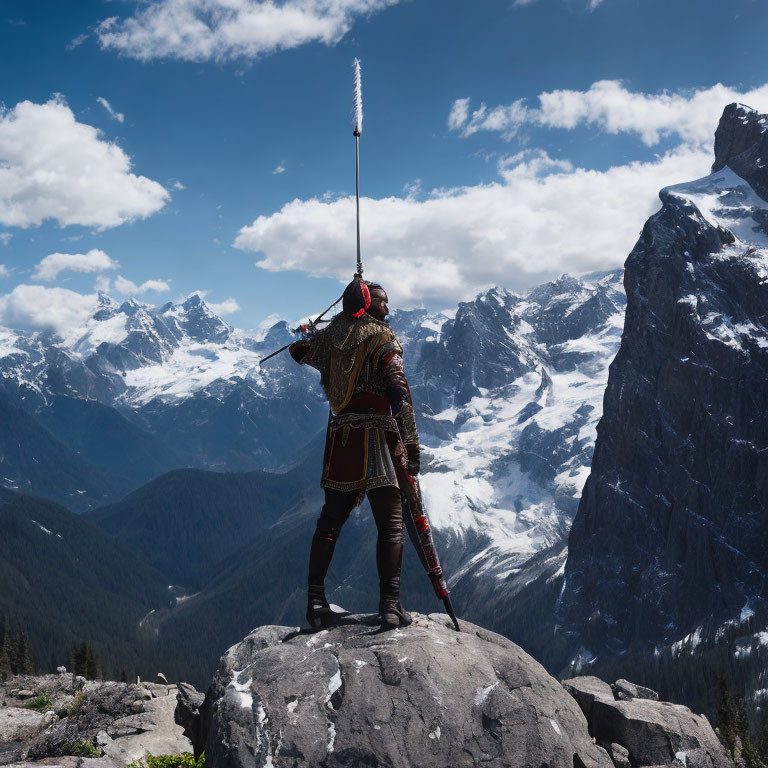 Medieval knight in armor with spear on rocky outcrop with snow-capped mountains.