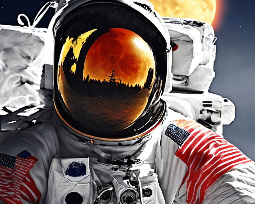 Astronaut with fiery planet reflection, cityscape silhouette, American flags, in space.