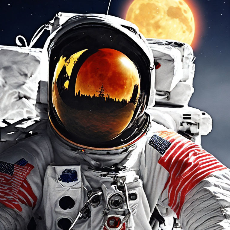 Astronaut with fiery planet reflection, cityscape silhouette, American flags, in space.