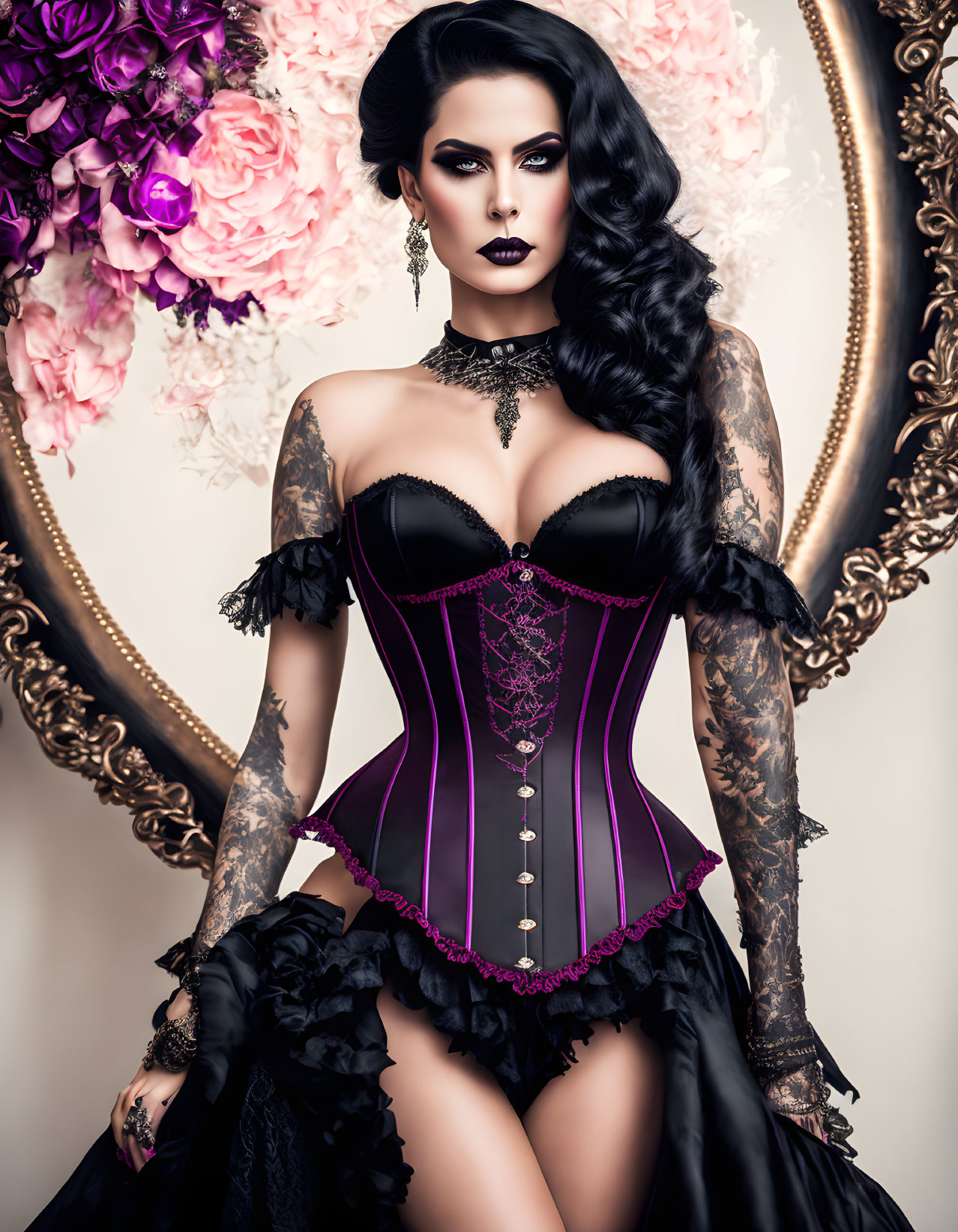 Woman in Gothic corset and lace gloves against floral backdrop