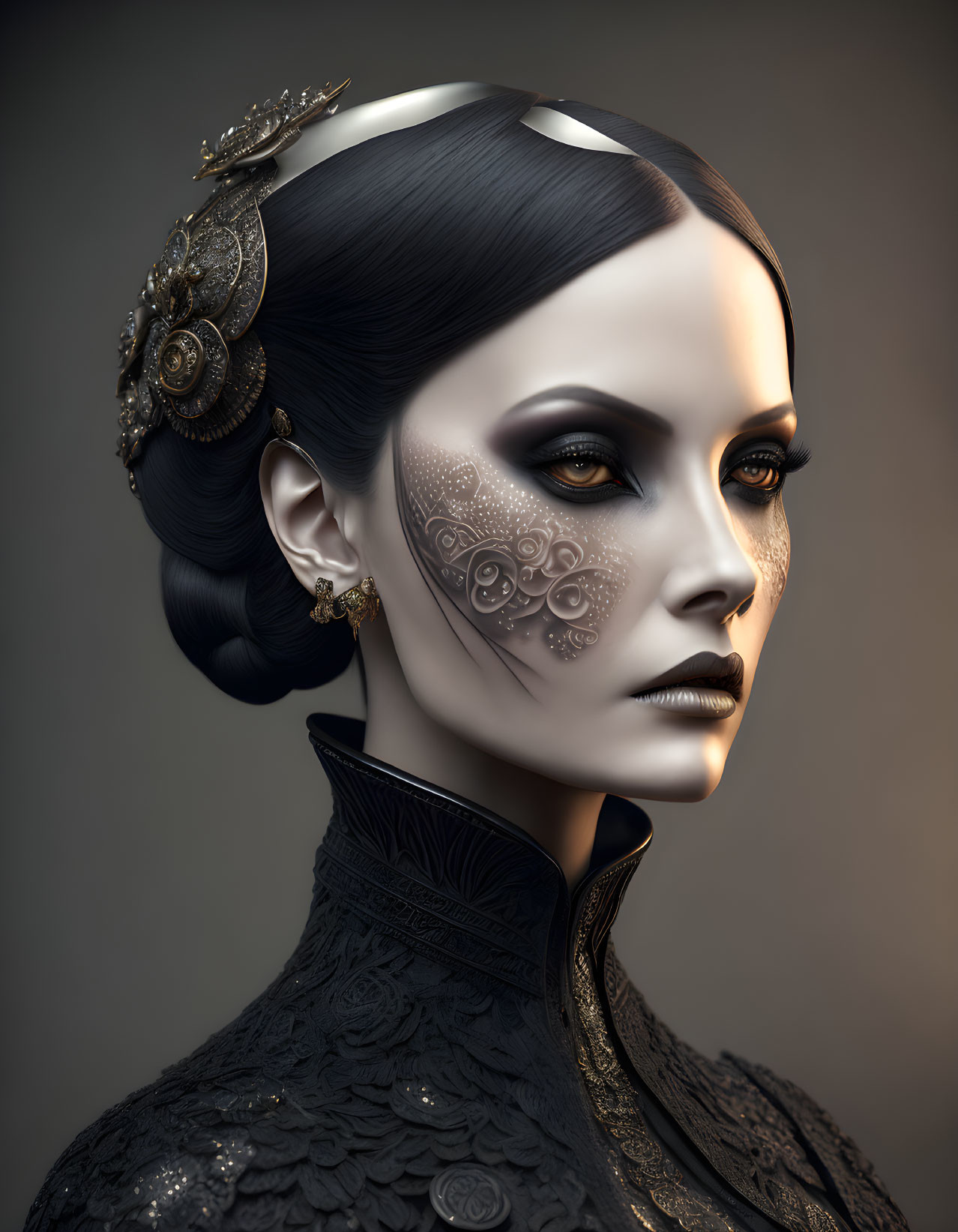 Detailed Gothic-inspired portrait of a woman with ornate makeup, facial tattoos, and high-collared