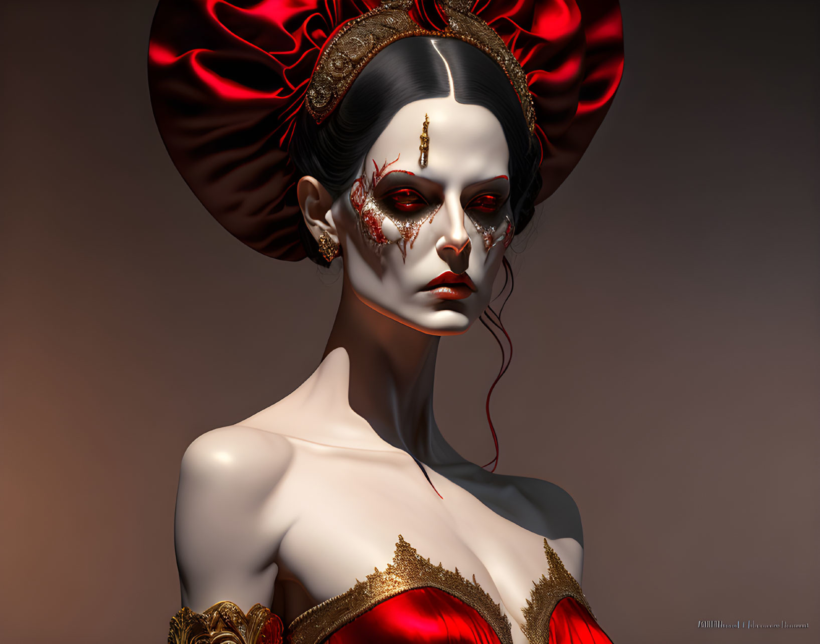 Dramatic red and gold attire with intricate headdress on woman