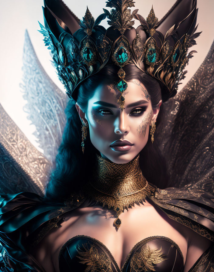 Elaborate fantasy headdress on woman with golden makeup and dark costume