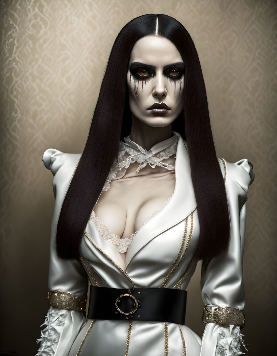 Pale-skinned figure with dark eye makeup in white lace outfit and black belt