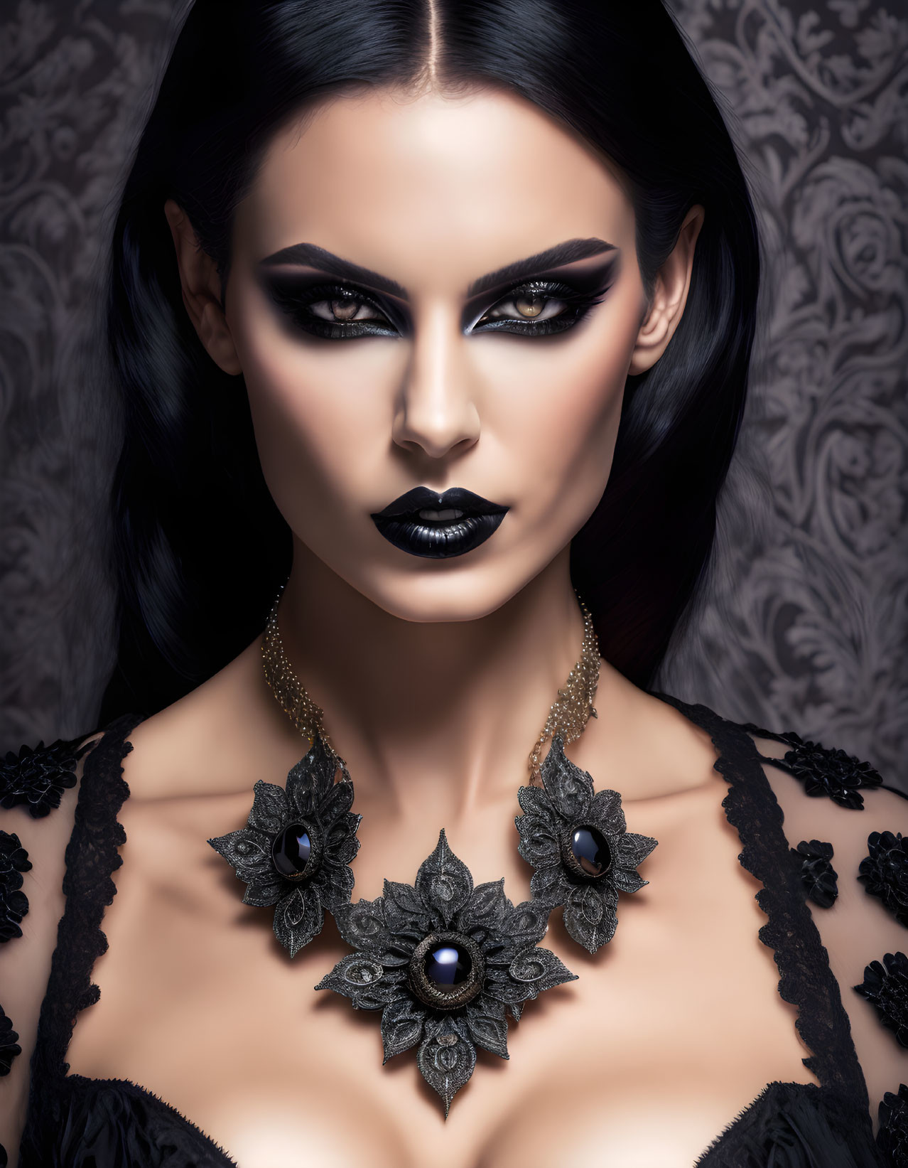 Portrait of woman with dark makeup and gothic necklace on patterned background