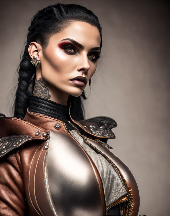 Woman with dramatic makeup in futuristic armored outfit poses against neutral backdrop